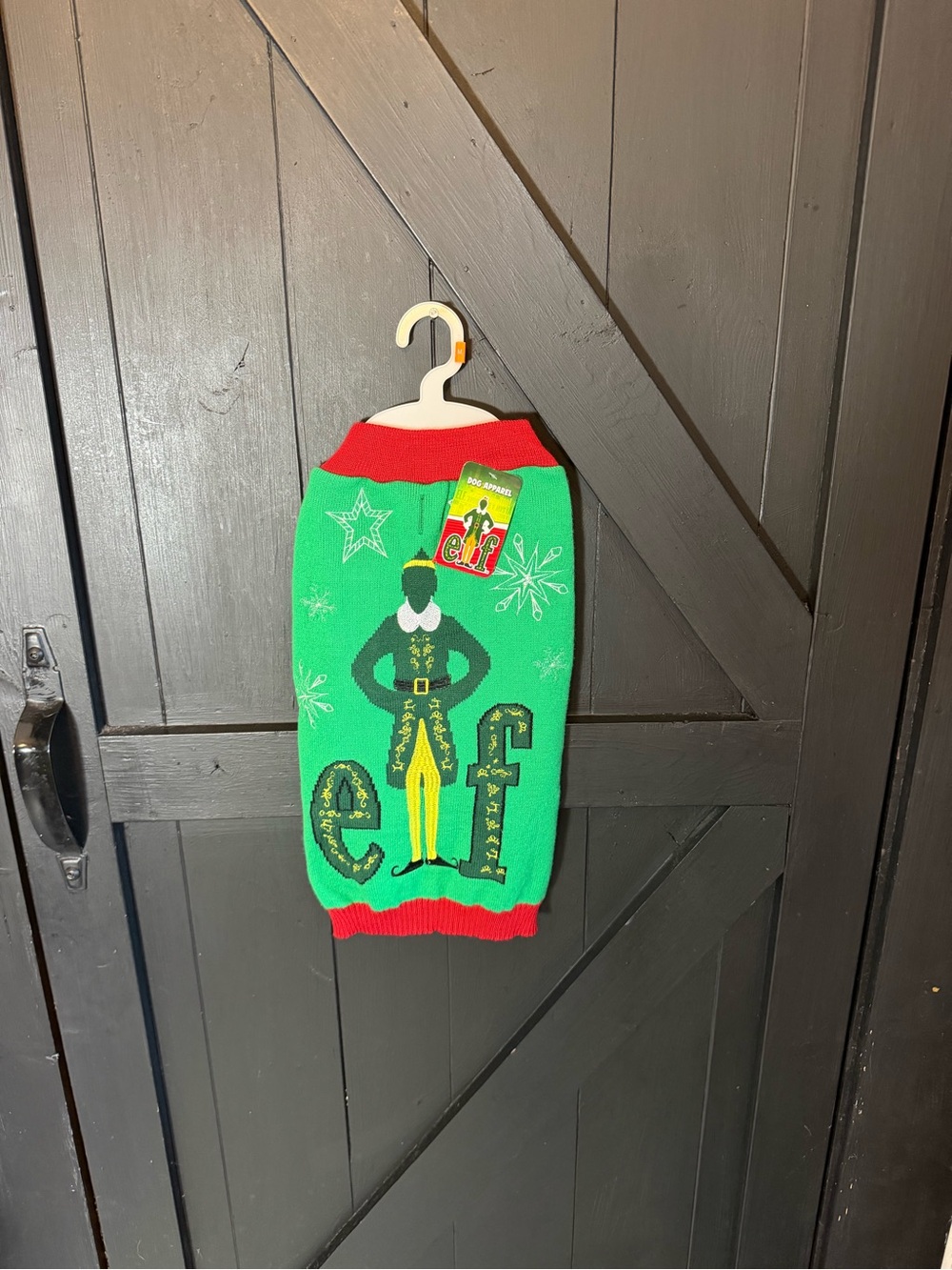 ELF Green and Red Festive Knit Dog Sweater with Elf Graphic